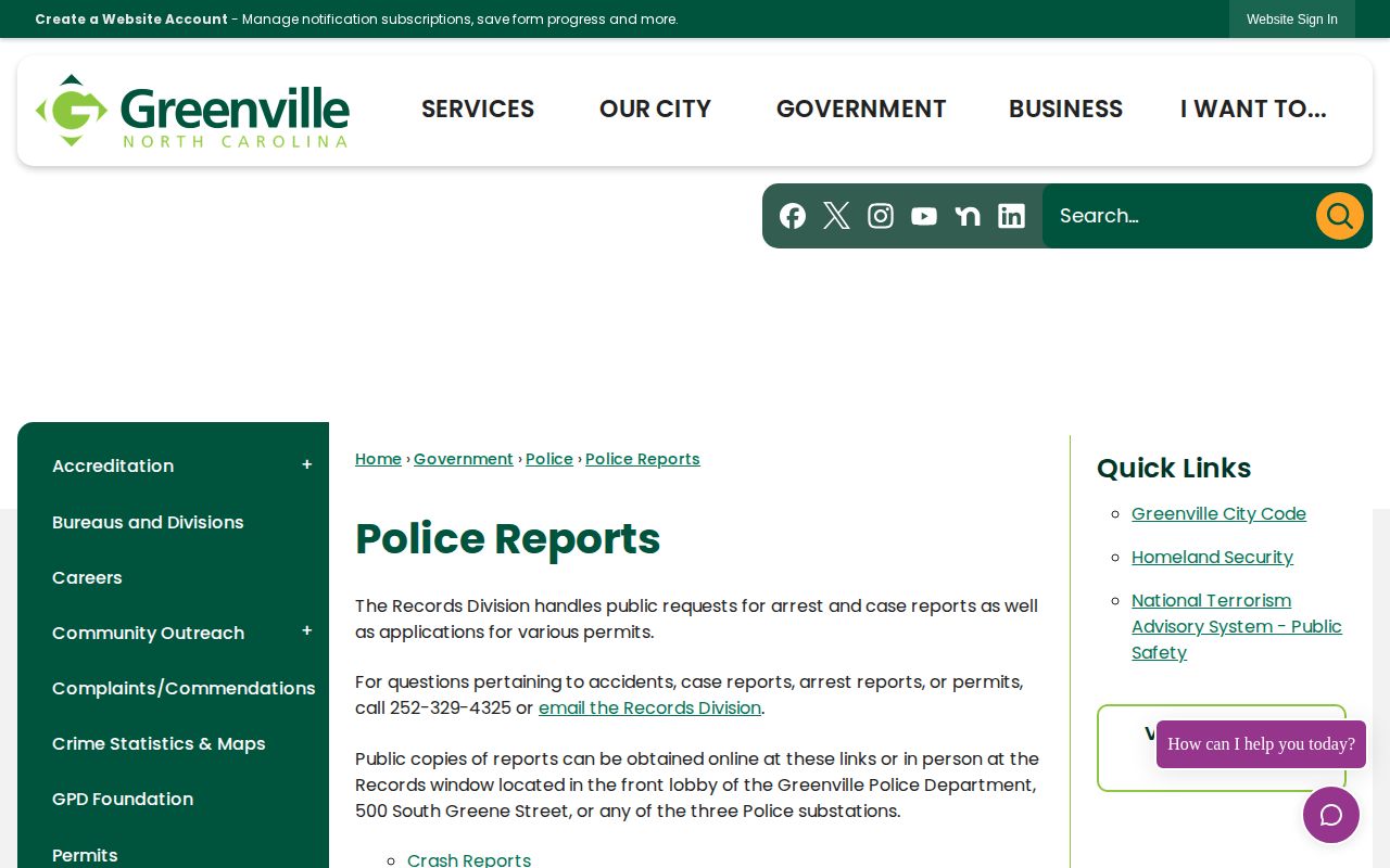 Greenville Police Reports page with records and online report access information