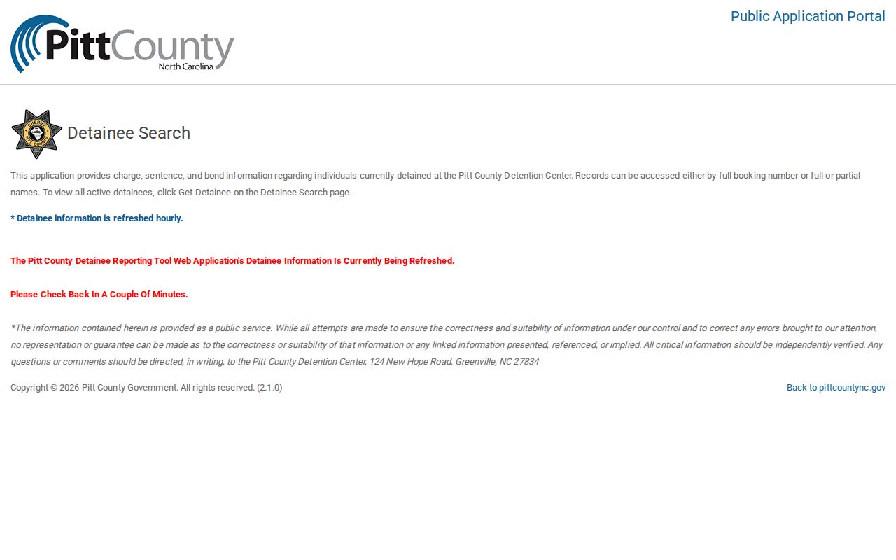 Official Pitt County current detainee search interface