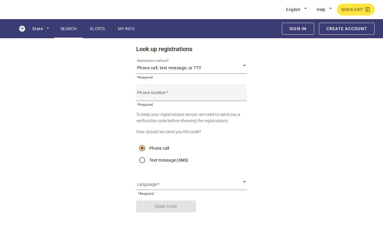 VINELink person notification registration screen