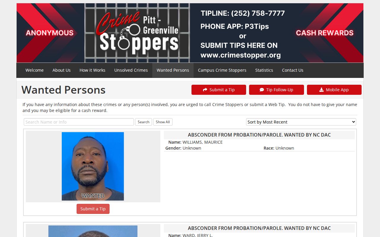 Pitt-Greenville Crime Stoppers wanted persons page