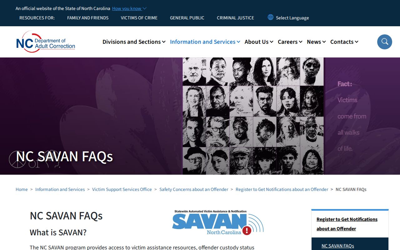 North Carolina SAVAN official frequently asked questions and notification guidance