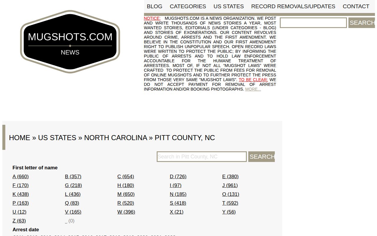 Private historical Pitt County archive page with city and year navigation
